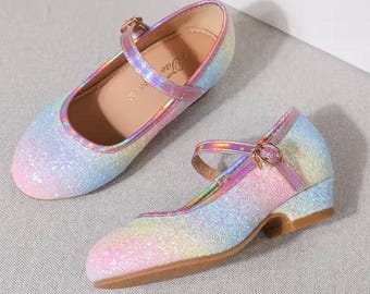 Rainbow Girls Sandals Rhinestone Butterfly Latin Dance Kids Shoes Children High Heel Princess Shoes Glitter Leather Party Dress Wedding