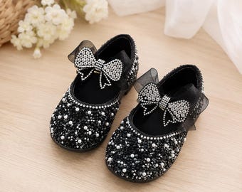 Black Sparkle Toddler Mary Jane Shoes, Girls Sequins Sparkle Shoes, Bow Strap Flower Girl Shoes, Glitter Flower Girl Shoes