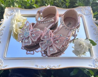 Pink Sparkly Toddler Mary Jane Shoes, Girls Rhinestone Bow Dress Shoes, Pearl Strap Flower Girl Shoes, Glitter Princess Wedding Shoes