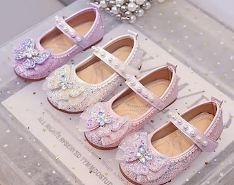 Cute Girls Sandals Rhinestone Butterfly Latin Dance Kids Shoes Children High Heel Princess Shoes Glitter
