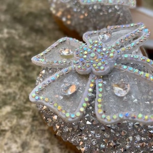 May include: A pair of silver shoes featuring a prominent floral embellishment on the toe. The flower is crafted from sheer fabric with iridescent crystal accents and larger clear rhinestones. The shoe surface is covered in small silver crystals.