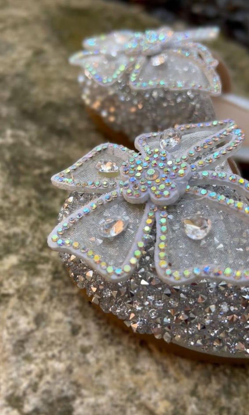 May include: A pair of silver shoes featuring a prominent floral embellishment on the toe. The flower is crafted from sheer fabric with iridescent crystal accents and larger clear rhinestones. The shoe surface is covered in small silver crystals.