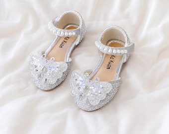 Butterfly Toddler Mary Jane Shoes, Girls Rhinestone Bow Dress Shoes, Pearl Strap Flower Girl Shoes, Glitter Princess Wedding Shoes
