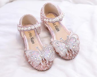 Pink  Butterfly Sparkly Toddler Girls Mary Jane Shoes, Girls Rhinestone Bow Dress Shoes, Pearl Strap Flower Girl Shoes