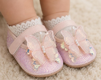 Baby Girl Dress Shoes Soft Sole Rubber Anti-slip First Walker Shiny 3D Butterfly Mary Jane Flats Non-Slip Crib Shoes