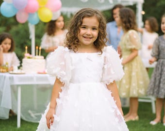 White Butterfly Flower Girl Dress, Toddler Birthday Dress, Girls Party Dress, Princess Tulle Dress, Baptism Dress