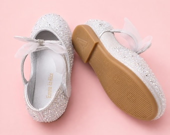 Silver Stap Sparkle Toddler Mary Jane Shoes, Girls Sequins Sparkle Shoes, Flower Girl Shoes, Glitter Flower Girl Shoes