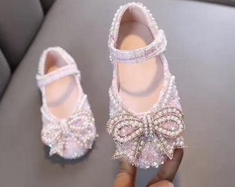 Pink  Bow Sparkly Toddler Girls Mary Jane Shoes, Girls Rhinestone Bow Dress Shoes, Pearl Strap Flower Girl Shoes