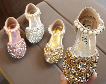 Gold Sparkle Toddler Mary Jane Shoes, Girls Sequins Sparkle Shoes, Pearl Strap Flower Girl Shoes, Glitter Flower Girl Shoes