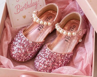 Pink Sparkle Toddler Mary Jane Shoes, Girls Sequins Sparkle Shoes, Pearl Strap Flower Girl Shoes, Glitter Flower Girl Shoes