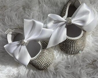 Luxury Baby Baptism Shoes, White Crystal Dress Shoes, Satin Bow Christening Flats, Baby Girl Wedding Shoes