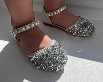 Silver  Sparkle Toddler Mary Jane Shoes, Girls Sequins Sparkle Shoes, Pearl Strap Flower Girl Shoes, Glitter Flower Girl Shoes