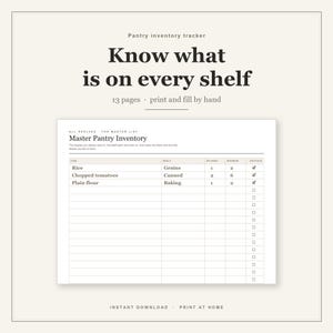 Pode incluir: Um documento de rastreamento de inventário de despensa com 13 páginas para imprimir e preencher à mão. A página apresenta uma tabela Master Pantry Inventory com colunas para item, prateleira, quantidade, mínimo e reposição.