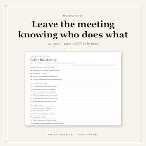Meeting Notes Printable | Six Note Layouts for One to Ones, Client Calls and Interviews | Notes and Actions, a Note Index and a Blank