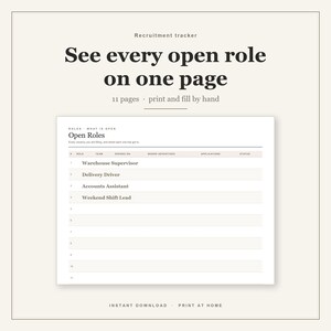Może przedstawiać: Dokument śledzenia rekrutacji z tekstem See every open role on one page, 11 pages, print and fill by hand oraz Open Roles. Tabela zawiera kolumny dla roli, zespołu, daty otwarcia, miejsca ogłoszenia, aplikacji oraz statusu.