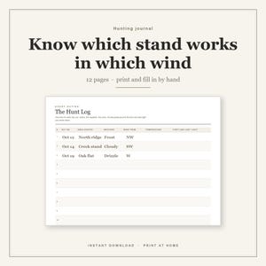 Può includere: Una pagina di diario di caccia intitolata Know which stand works in which wind, con un registro di 12 pagine da stampare e compilare a mano. La tabella include colonne per data, area di caccia, meteo, direzione del vento, temperatura e luce.
