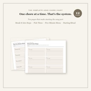Peut inclure: Un système de tableau de tâches TDAH de 12 pages comprenant des modèles imprimés avec des sections intitulées The Five-Minute Menu et Break It Into Steps. Les pages incluent des invites textuelles pour organiser les tâches en actions gérables.
