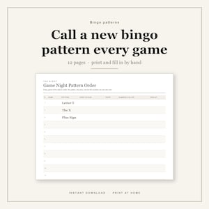 Może przedstawiać: Arkusz do śledzenia wzorów bingo do druku z tytułem Game Night Pattern Order. Dokument zawiera kolumny na numer gry, wzór, kolor karty, nagrodę, wywołane liczby i zwycięzcę. Tekst brzmi Call a new bingo pattern every game.