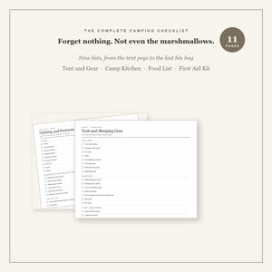 Op de afbeelding: Een digitale campingchecklist van 11 pagina's, met de tekst The Complete Camping Checklist, Forget nothing. Not even the marshmallows. Het bevat georganiseerde lijsten voor kleding, schoeisel en tent- en slaapuitrusting.