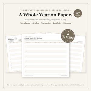 Puede incluir: Una colección digital de registros de educación en casa titulada A Whole Year on Paper, con 47 páginas, 6 títulos y 3 archivos. Los documentos incluyen un registro de asistencia y un historial de curso de noveno grado con columnas.