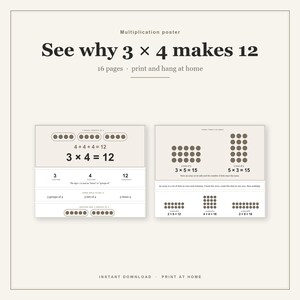 May include: A multiplication poster with the text See why 3 x 4 makes 12. The educational chart features diagrams of dots arranged in rows and columns to illustrate math equations, including 3 x 4 = 12, 3 x 5 = 15, 5 x 3 = 15, 2 x 6 = 12, 4 x 4 = 16, and 2 x 8 = 16.