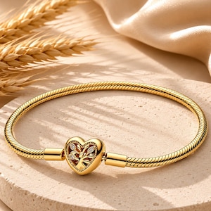 Schlangenarmband mit goldenem Herzverschluss, Armband mit Stammbaum-Anhänger, stapelbarer Schmuck im Pandora-Stil – das perfekte Geschenk für Sie