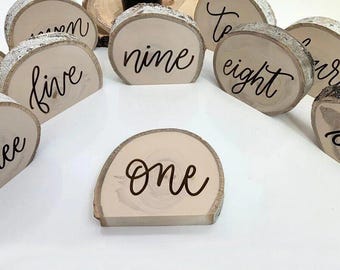 Rustic Wooden Wedding Table Numbers, Wood Slice Table Number Signs, Engraved Reception Table Decor, Farmhouse Wedding Centerpiece