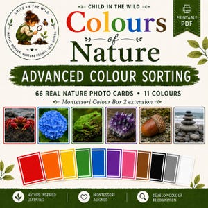 May include: A printable PDF educational set titled Colours of Nature Advanced Colour Sorting featuring 66 nature photo cards in 11 colors. The design includes a circular logo, a crab, a blue flower, a frog, a crystal, an acorn, and stacked stones.