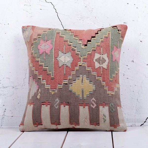 16 x 16 Decorative Pillow Vintage Pillow Kilim Pillow Throw Pillow Accent Pillow Turkish Kilim Pillow - 02286-59