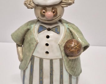 Vintage DuBois Studio Art Pottery Clown Figurine, Signed Whimsical Circus Folk Art Statue, Mid Century Striped Glaze Collectible Ceramic