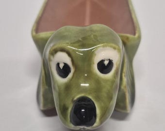 Signed Vintage 1966 Ceramic Dachshund Cracker Dog Tray Mid-Century Modern Snack Dish