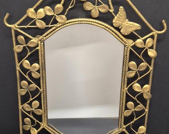 Vintage Gold Wire Butterfly Mirror, 1960s Mid Century Filigree Clover Vanity Wall Mirror, Kitsch Regency Flared Octagon Accent Glass