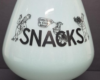 MCM West Virginia Glass Powder Teal SNACKS Brandy Snifter  Vintage 1960s Something To Crow About Rooster Cartoon Novelty Barware