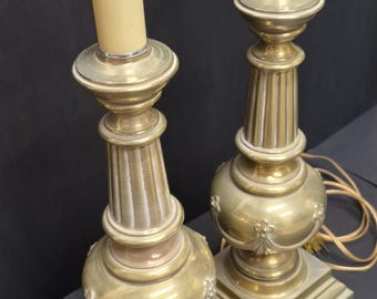 Vintage Cresswell Ltd Brass Table Lamps Pair, Mid Century Whitewash Column Lighting, Neoclassical Candlestick Bedroom Buffet Set