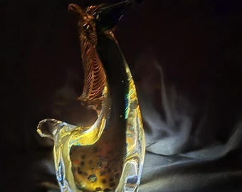 Vintage Formia Murano Glass Seahorse Figurine 8” Signed Sticker Sommerso Bullicante Leopard Italy