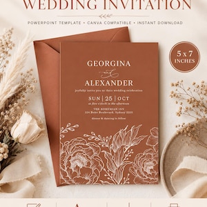 Puede incluir: Una plantilla de invitación de boda color terracota de 12,7 x 17,8 cm con ilustraciones florales de líneas blancas en la parte inferior. El texto incluye los nombres Georgina y Alexander, fecha, hora y lugar, con un sobre a juego.