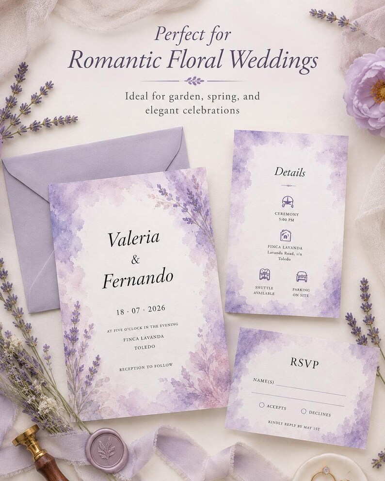 Lavender Watercolor Wedding Invitation Template, Purple Floral Wedding Invite, Editable PowerPoint Invitation, Printable Wedding Invite image 2