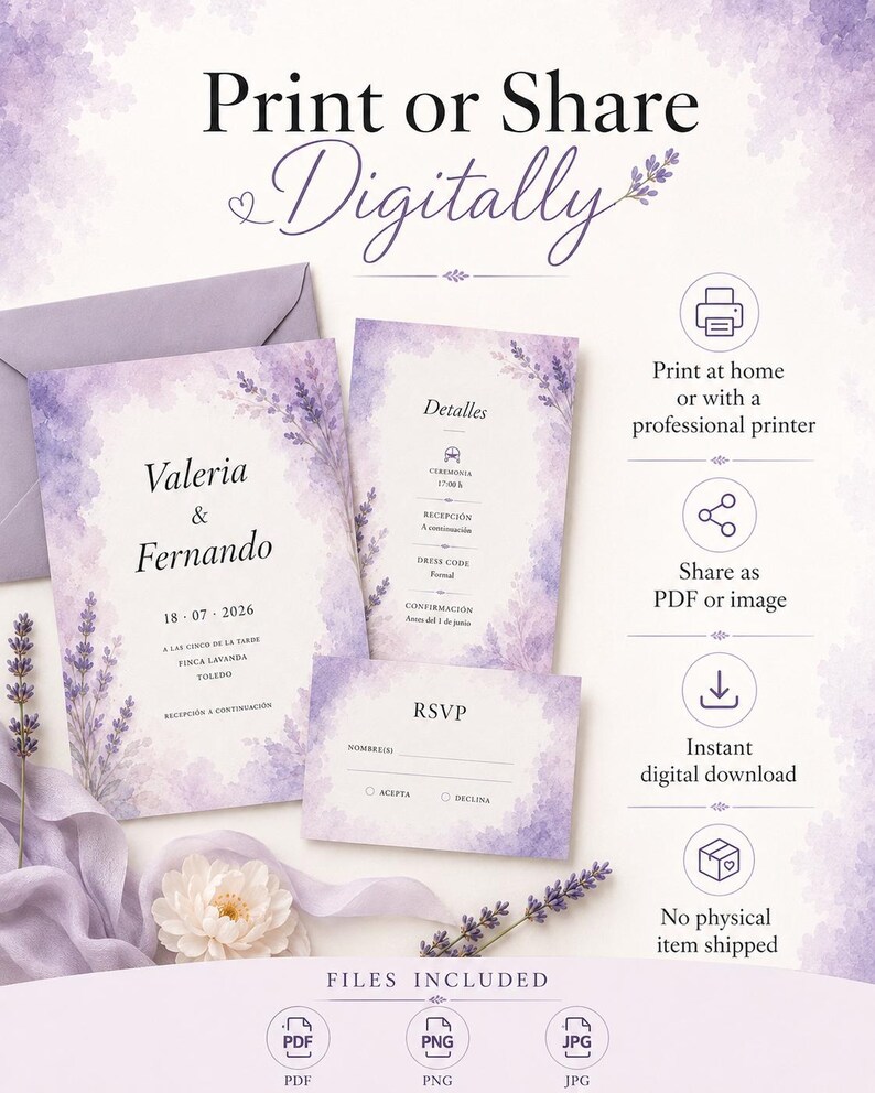 Lavender Watercolor Wedding Invitation Template, Purple Floral Wedding Invite, Editable PowerPoint Invitation, Printable Wedding Invite image 7