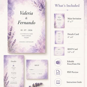 May include: A wedding invitation suite featuring a watercolor lavender floral design in shades of purple. The set includes a main invitation, a details card, and an RSVP card, with a list of included items and dimensions in inches displayed on the right.