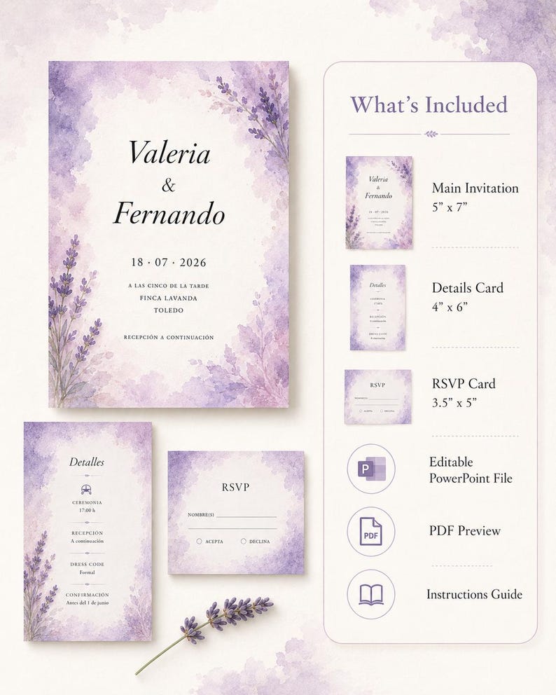 May include: A wedding invitation suite featuring a watercolor lavender floral design in shades of purple. The set includes a main invitation, a details card, and an RSVP card, with a list of included items and dimensions in inches displayed on the right.