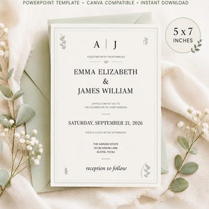 May include: An editable 5 x 7 inches wedding invitation template featuring the text Emma Elizabeth & James William, Saturday, September 21, 2026, and The Garden Estate, 123 Blossom Lane, Austin, Texas, with minimalist botanical leaf illustrations.