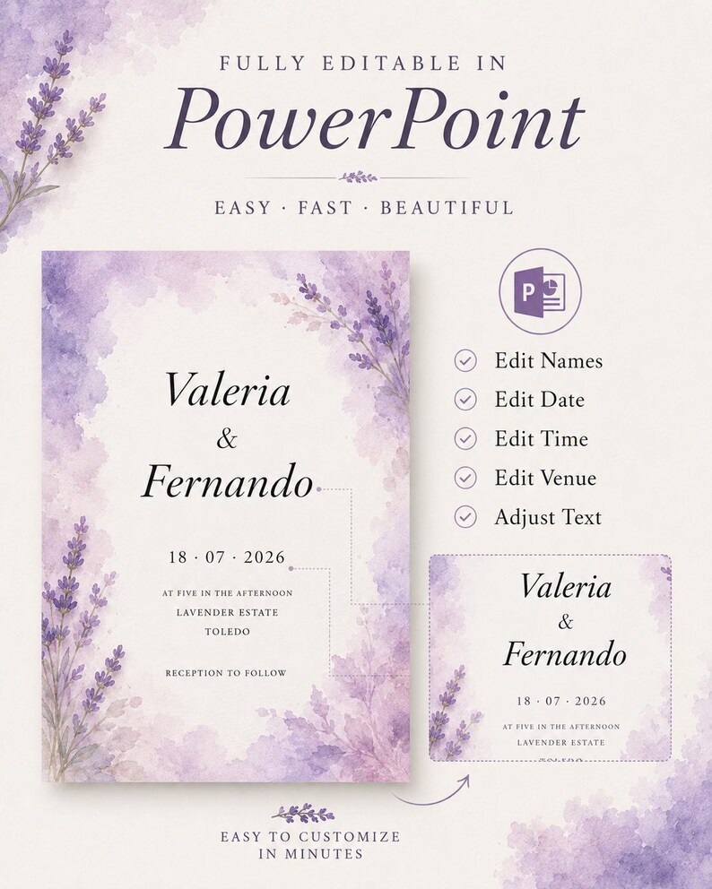 Lavender Watercolor Wedding Invitation Template, Purple Floral Wedding Invite, Editable PowerPoint Invitation, Printable Wedding Invite image 6