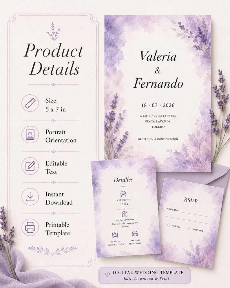 Lavender Watercolor Wedding Invitation Template, Purple Floral Wedding Invite, Editable PowerPoint Invitation, Printable Wedding Invite image 3