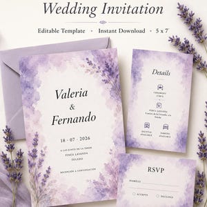 May include: A wedding invitation set featuring a lavender watercolor floral design. The set includes a main invitation, a details card, and an RSVP card, all measuring 5 x 7 inches. The text includes names Valeria & Fernando and date 18.07.2026.