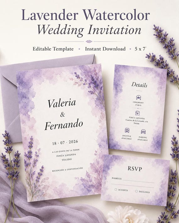 Lavender Watercolor Wedding Invitation Template, Purple Floral Wedding Invite, Editable PowerPoint Invitation, Printable Wedding Invite