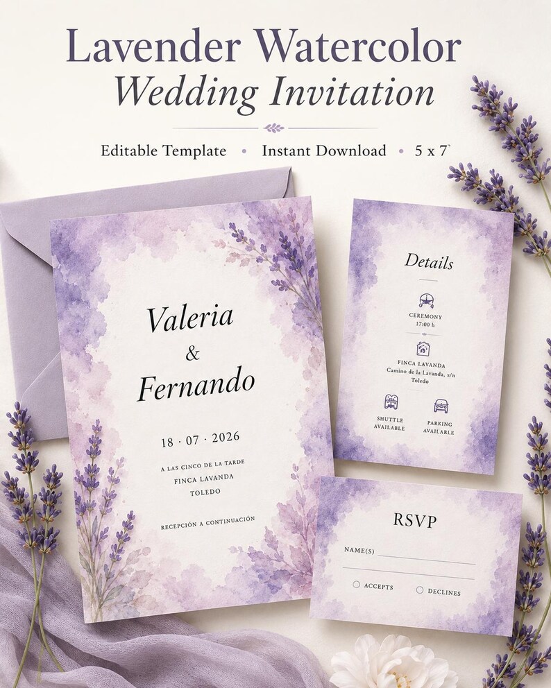 May include: A wedding invitation set featuring a lavender watercolor floral design. The set includes a main invitation, a details card, and an RSVP card, all measuring 5 x 7 inches. The text includes names Valeria & Fernando and date 18.07.2026.