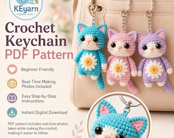 Cat Crochet Keychain PDF Pattern, Amigurumi Bag Charm, Beginner Friendly, Real-Time Step Images, Digital PDF + Video Tutorial