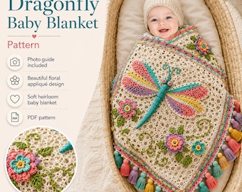 Crochet Dragonfly Baby Blanket Pattern | Floral Appliqué Baby Blanket | Real Time Step-by-Step Images, Digital PDF + Video Tutorial