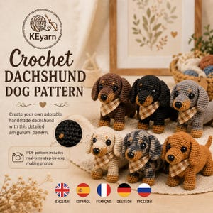 Puede incluir: Seis figuras amigurumi de perros salchicha tejidas a ganchillo en varios colores, incluyendo marrón, negro, gris y beige, cada una con un pequeño pañuelo a cuadros beige y blanco. La imagen incluye el texto Crochet DACHSUND DOG PATTERN.