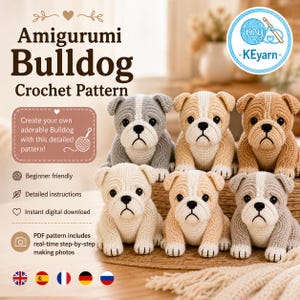 Wzór szydełkowy na buldoga amigurumi w formacie PDF, pluszowa zabawka buldog angielski, obrazy krok po kroku w czasie rzeczywistym, cyfrowy samouczek PDF + wideo